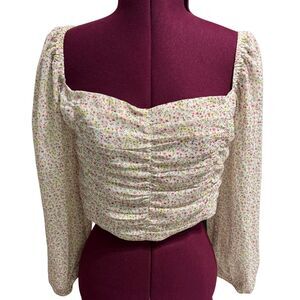 RESET BY JANE Floral Off Shoulder Crop Top LARGE Puff Sleeve Ruched NWT